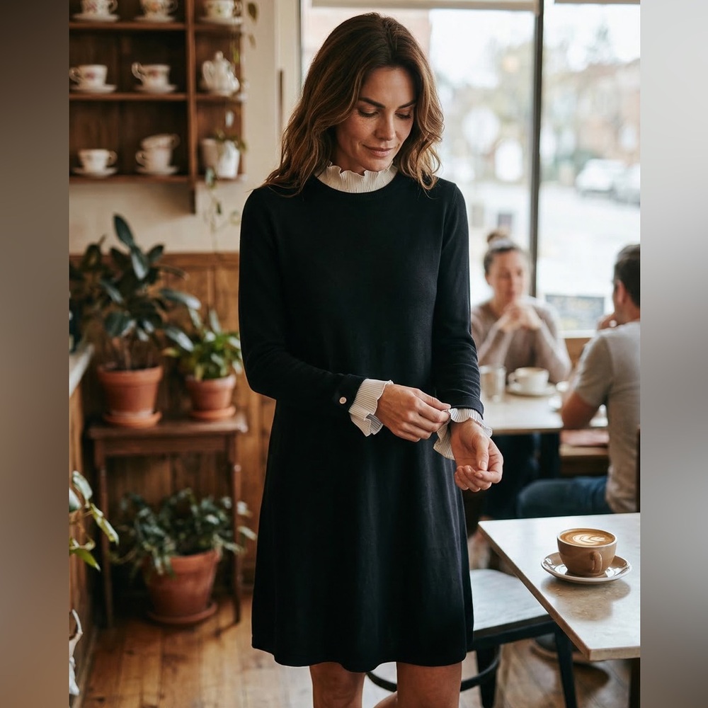CeCe Black Long-Sleeve Dress with White Ruffle Accents